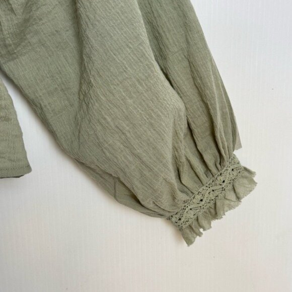 Free People Sivan Embroidered Top Green Puff Sleeve Blouse with Ruffled Small - Picture 5 of 16